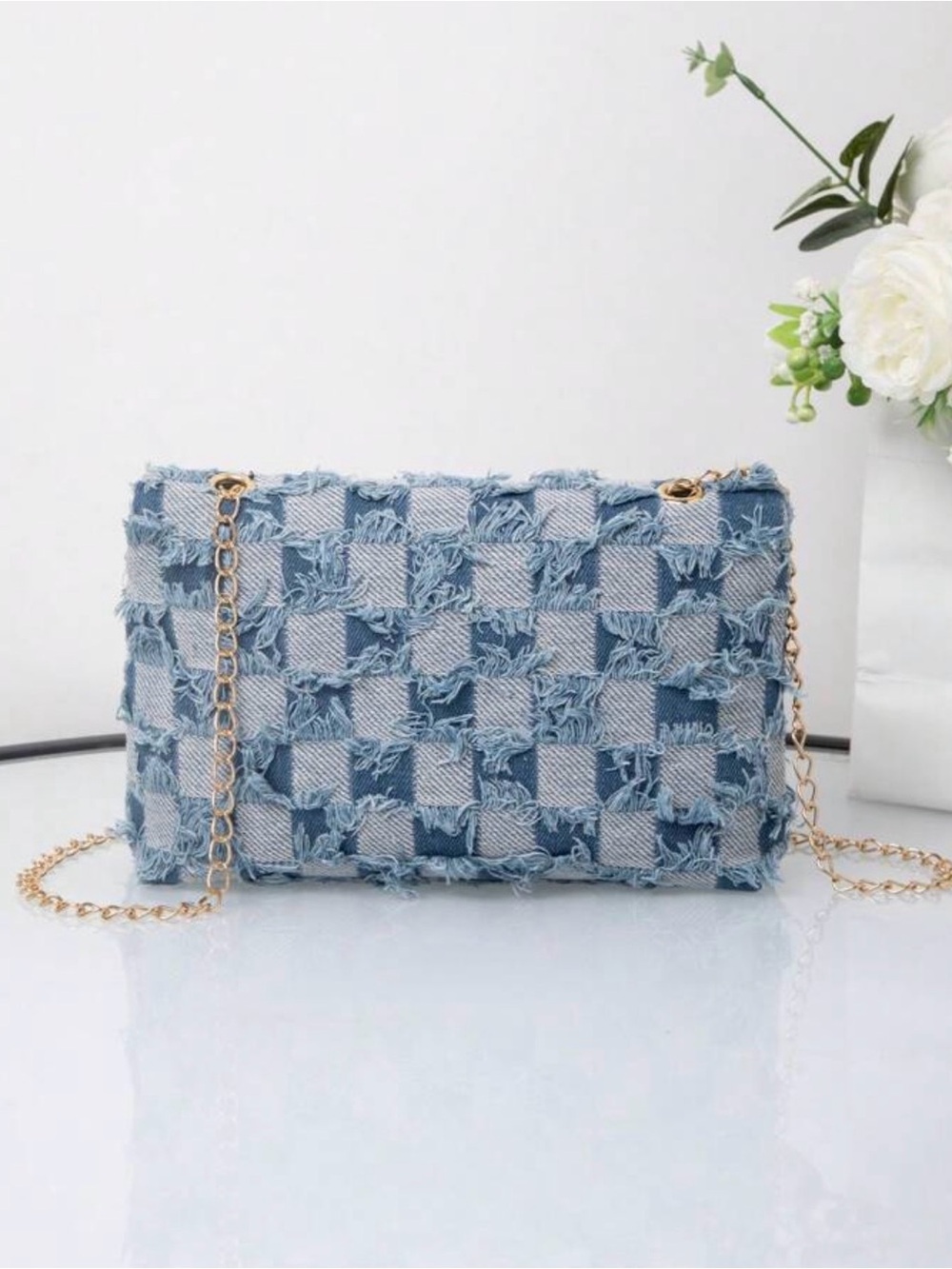 Frayed Light Blue Woven Denim Crossbody Bag with Gold Chain - Picture 6 of 6